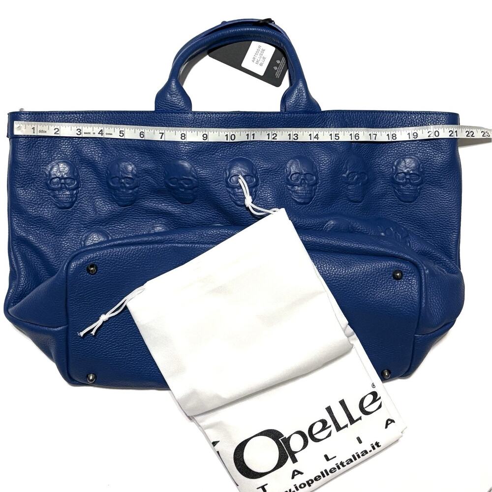 IO PELLE Skull Embossed Blue Leather Tote Bag XL Weekender Crossbody Strp NWT - Picture 3 of 14